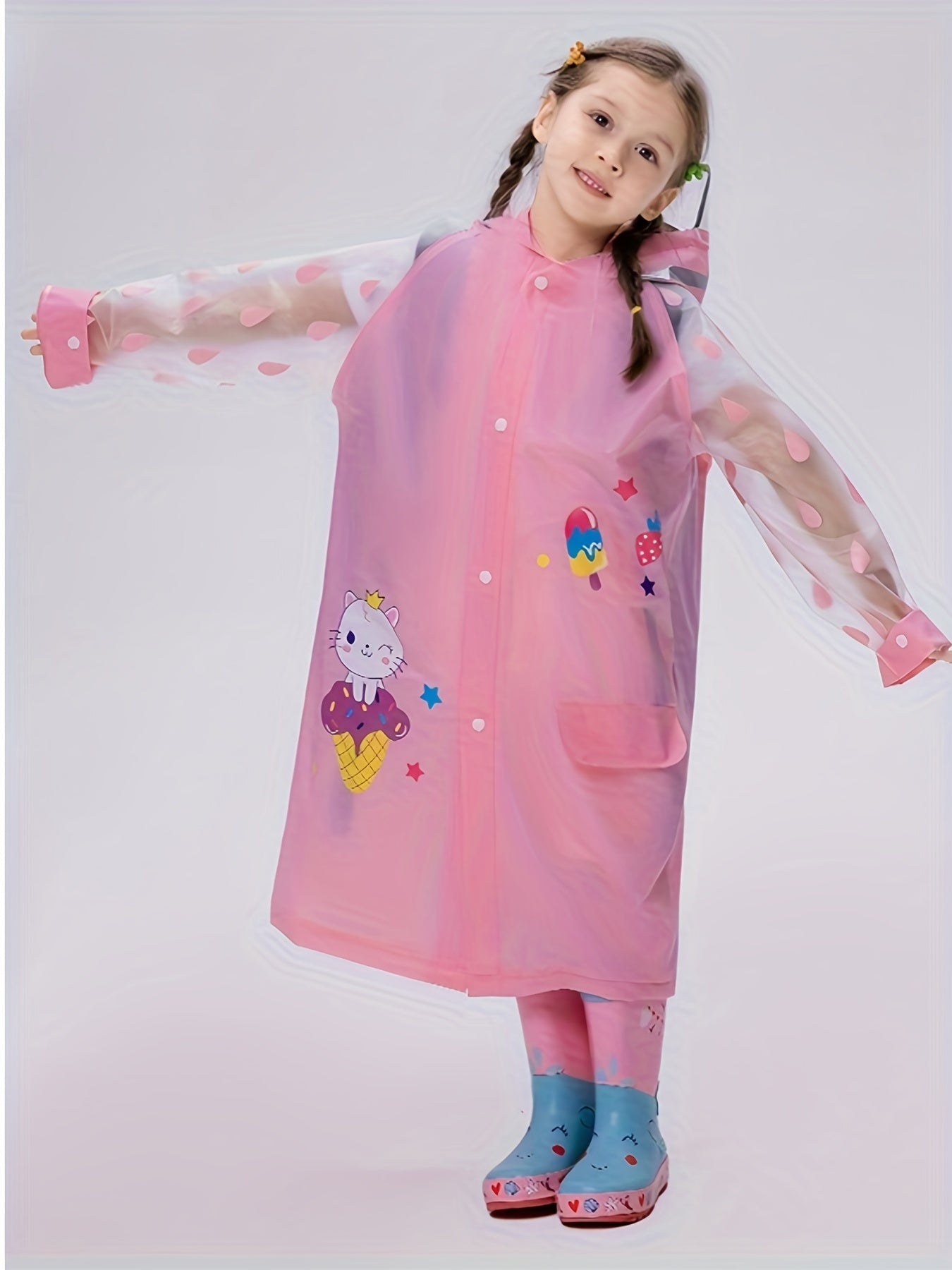 Cartoon Kitty Print Raincoat Rain Ponchos For Boys & Girls