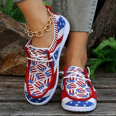 Women's Flag Pattern Boat Shoes Lace Up Non Slip Walking Shoes