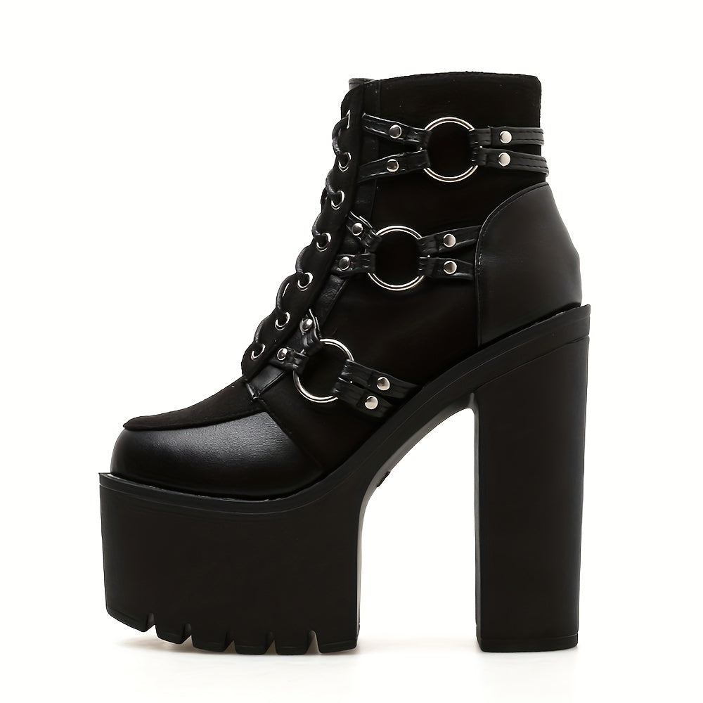 Women's Goth High Heel Boots Block Lace Zip Round Toe Ank