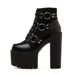 Women's Goth High Heel Boots Block Lace Zip Round Toe Ank
