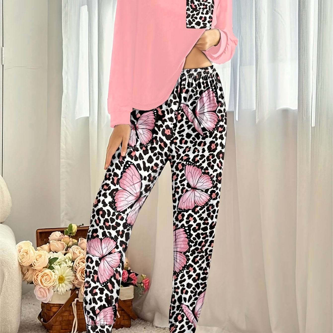 Plus Leopard & Butterfly Print Long Sleeve Top & Leggings Set