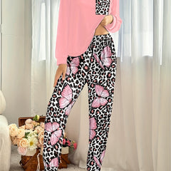 Plus Leopard & Butterfly Print Long Sleeve Top & Leggings Set