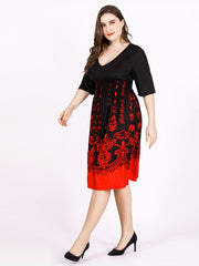 Damask Print Half Sleeve V-Neck Midi Dress