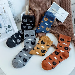 5 Pairs Cartoon Cat Print Socks Women's Mid Tube Stockings