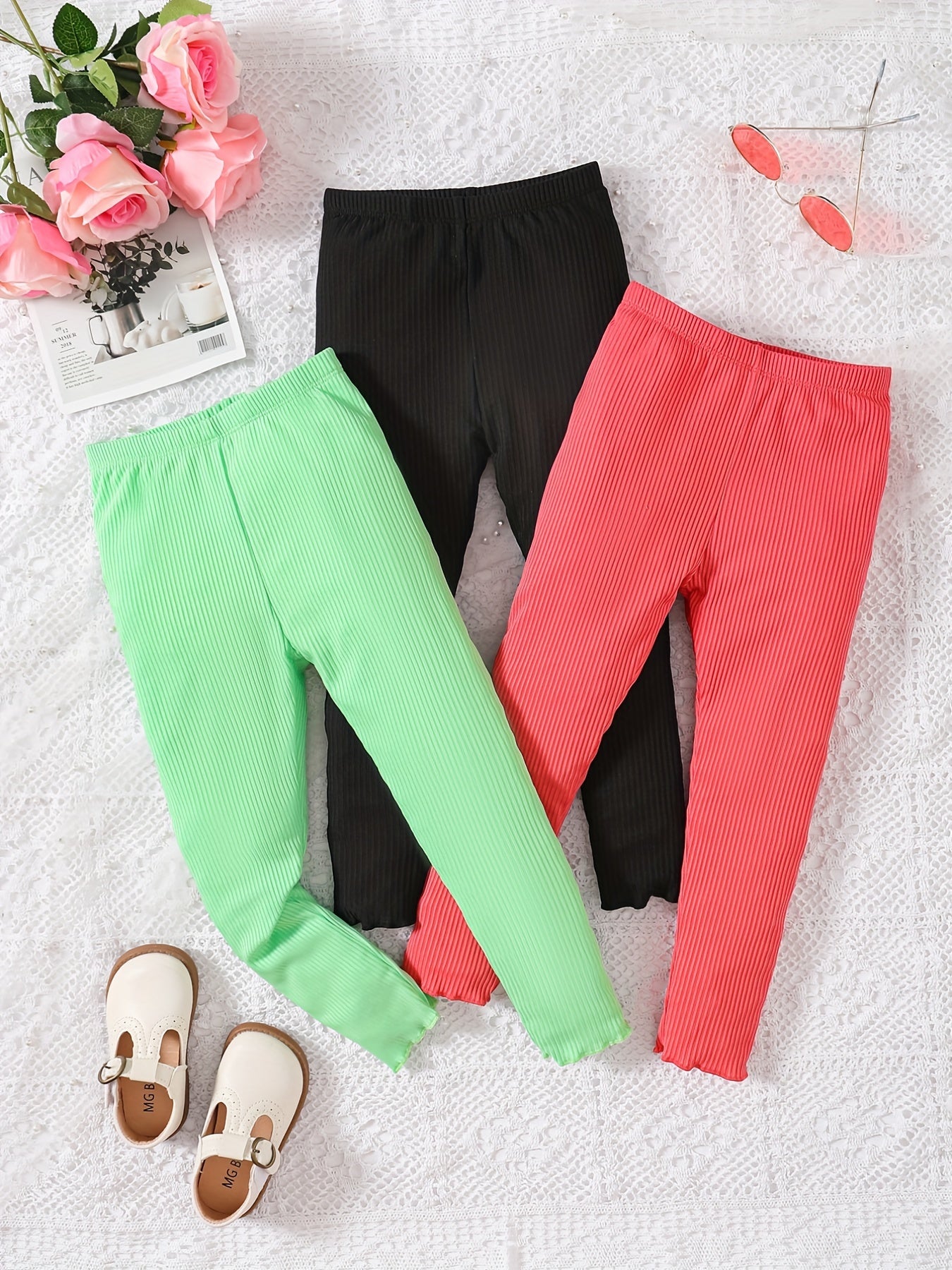 3pcs Girls Stretch Soft Leggings Footless Tights Solid Striped Pants