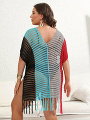 Colorblock Batwing Sleeve Fringe Trim Cover Up