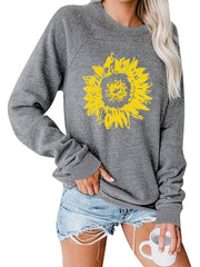 Sunflower Print Crew Neck Pullover Casual Loose Long Sleeve Sweatshirt