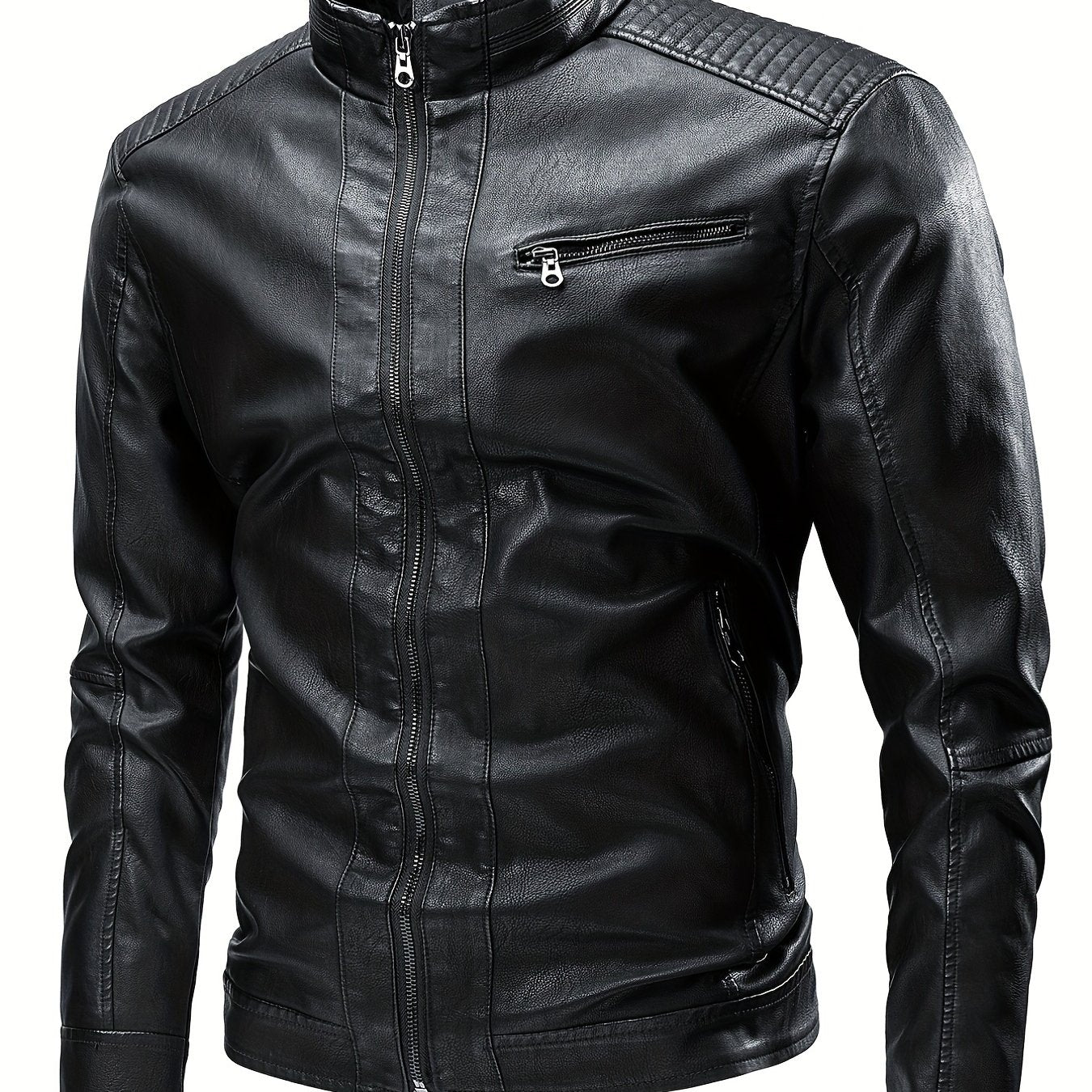 Men's Vintage PU Leather Jacket Stand Collar Zip Up Faux Leather Jacket