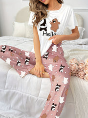 Bear Print Pajamas Set Short Sleeve Top & Shorts