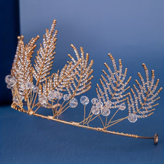 Golden Rhinestones Crown Headband Bridal Tiara Leaf Headpiece