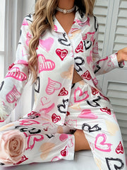 Heart Print Pajama Set Long Sleeve Top & Pants Women's Sleepwear