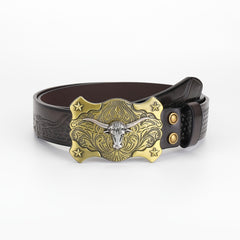 Leather Braided Pattern Belt With Ox Head and Star Carving Button