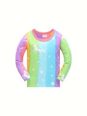 Girls 2pcs Pajamas Set Colorful Star Unicorn Print Round Neck Loungewear