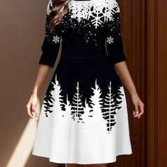 Tree & Snowflake Print Round Neck Dress