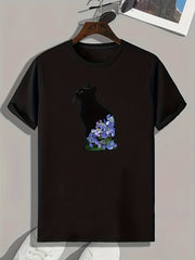 Floral Cat Print Men's Comfy T shirt Active