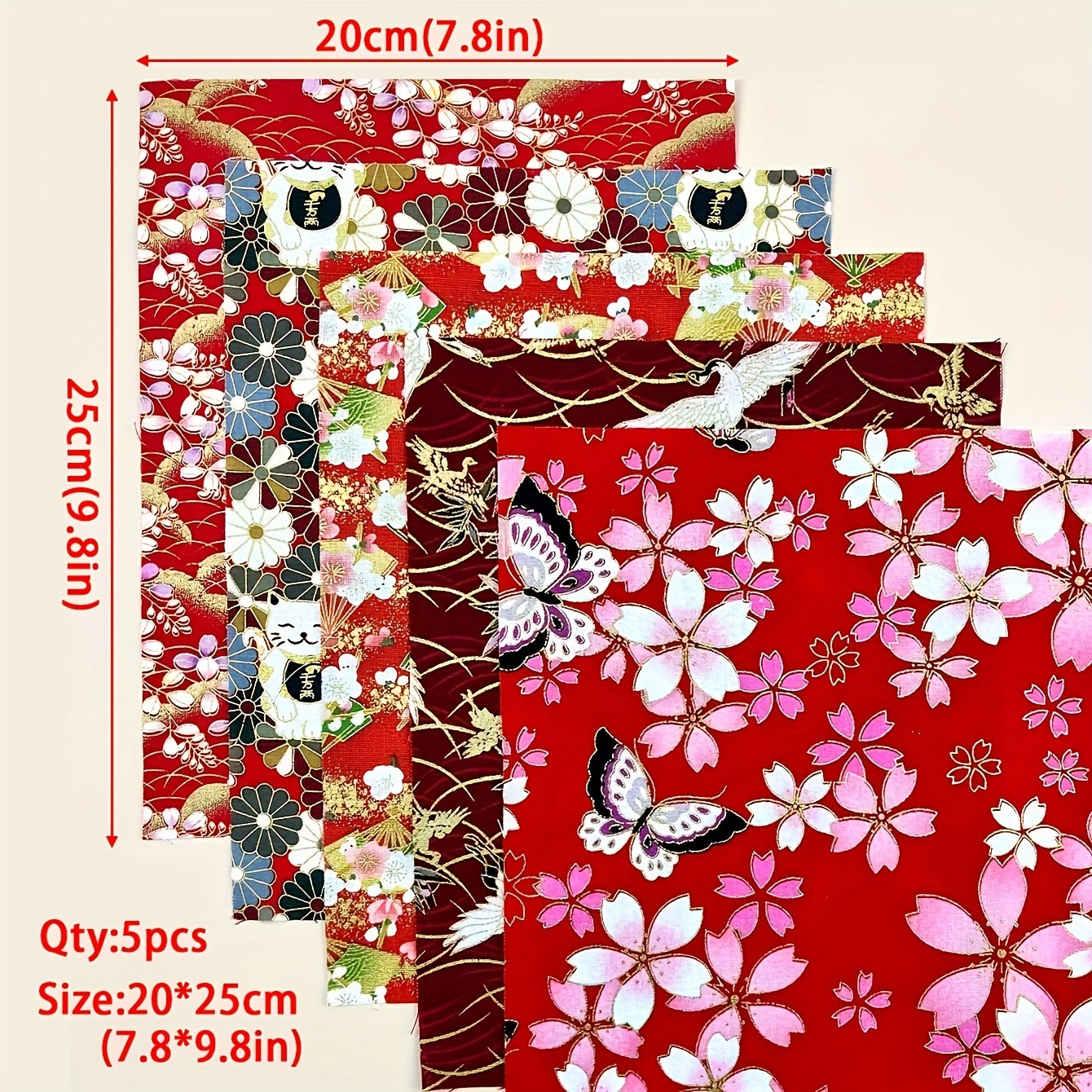 5pcs Red Cotton Fabric Bundles for DIY Sewing Quilting