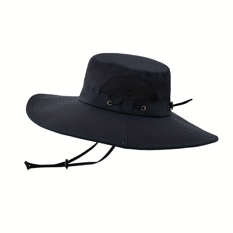 Breathable Mesh Sides Wide Brim Bucket Hat With Chin Strap