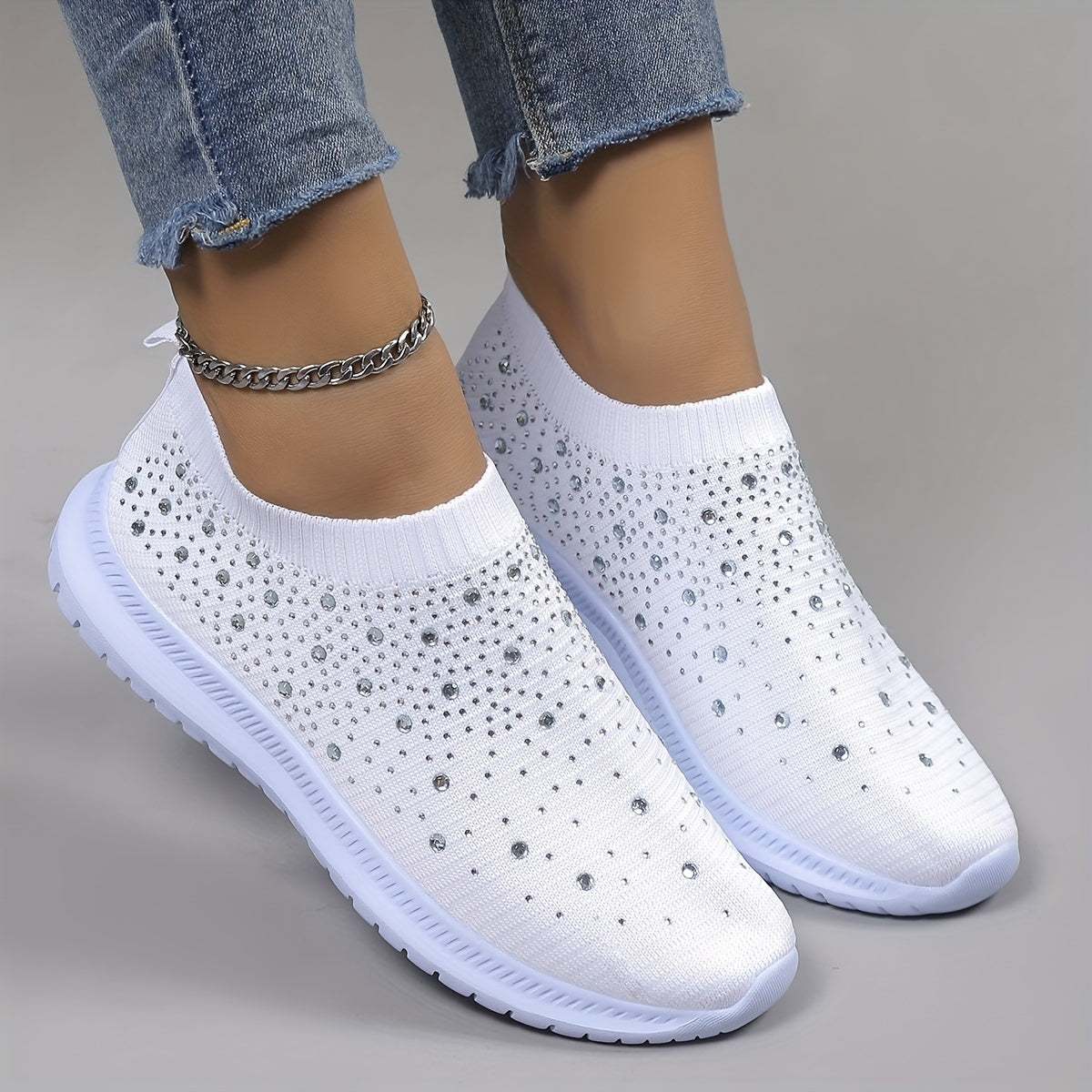 Women's Rhinestone Decor Sneakers Lace Up Slip On Shoes