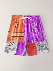 Block Digital Print Men's Drawstring Shorts Swim Wear Casual Swim Trunks