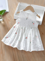 Girls Sleeveless Dress with Flower Embroidery Print