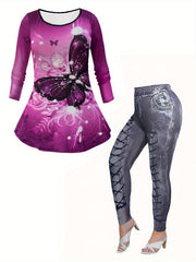 Casual Outfits Set Women's Plus Butterfly & Denim Tee & Leggings Set