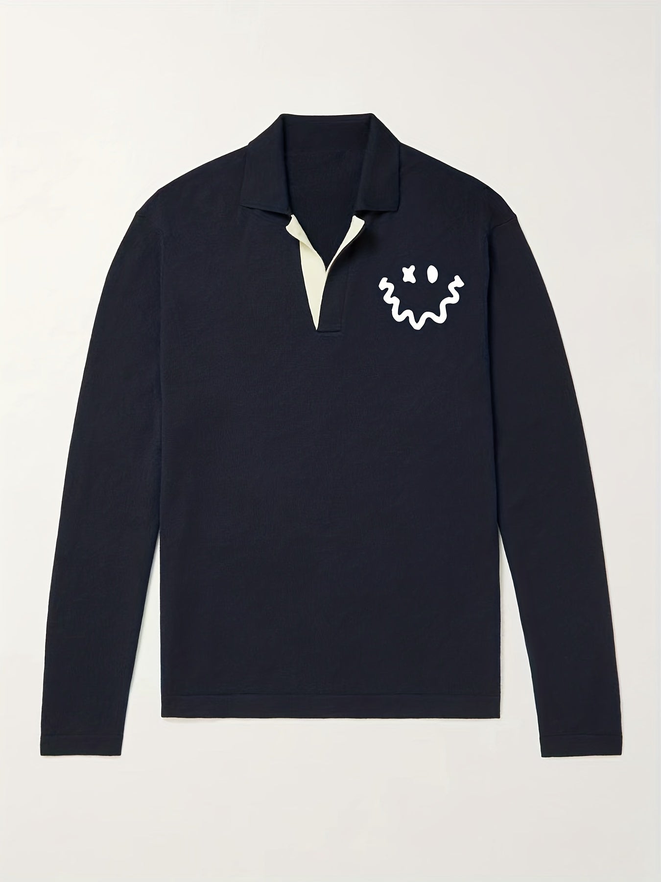 Cartoon Smile Face Pattern Knit Polo Shirt Men's Casual V Neck Pullover Sweater