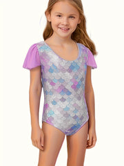 Fish Scale Print Gymnastics Leotard with Flutter Trim
