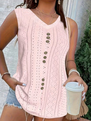 Embroidered Button Up V Neck Tank Top