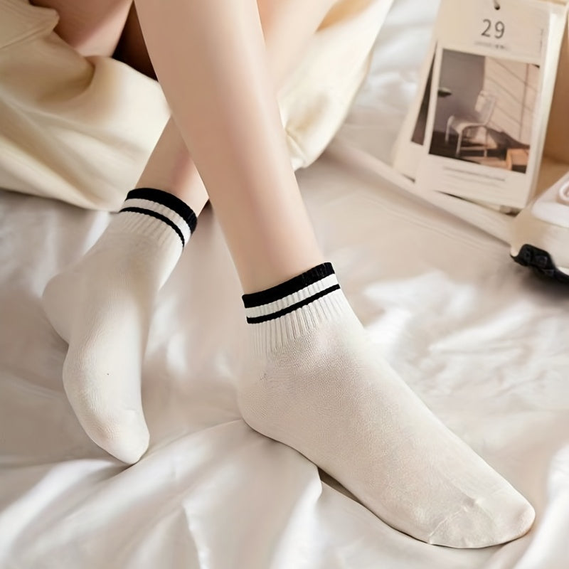 5 Pairs Striped Trim Short Sports Socks Women's Stockings