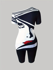 Figure Print Neck T-shirt & Skinny Shorts Set Women's Clothing