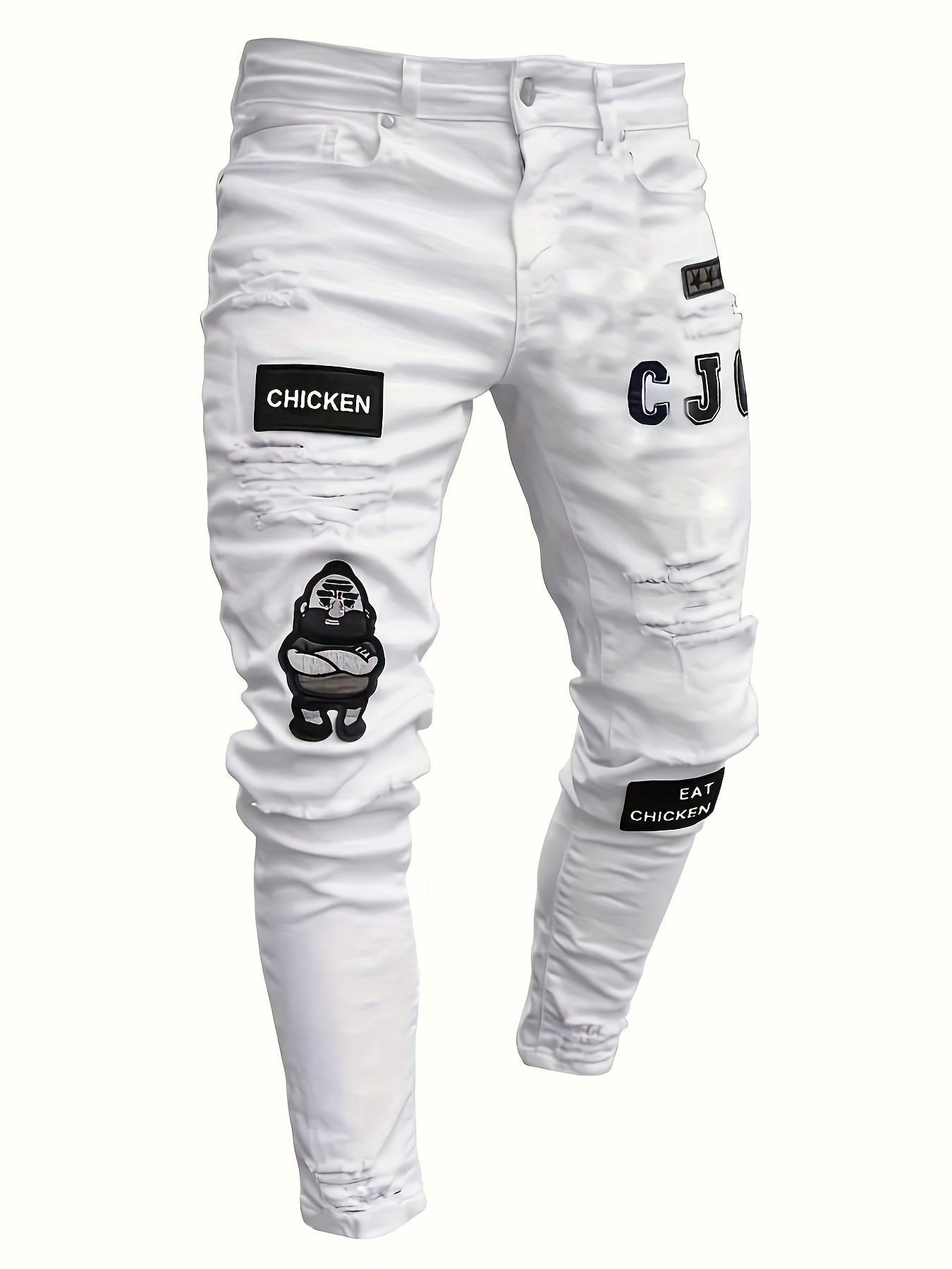Men's Embroidery Slim Fit Ripped Jeans
