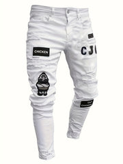 Men's Embroidery Slim Fit Ripped Jeans