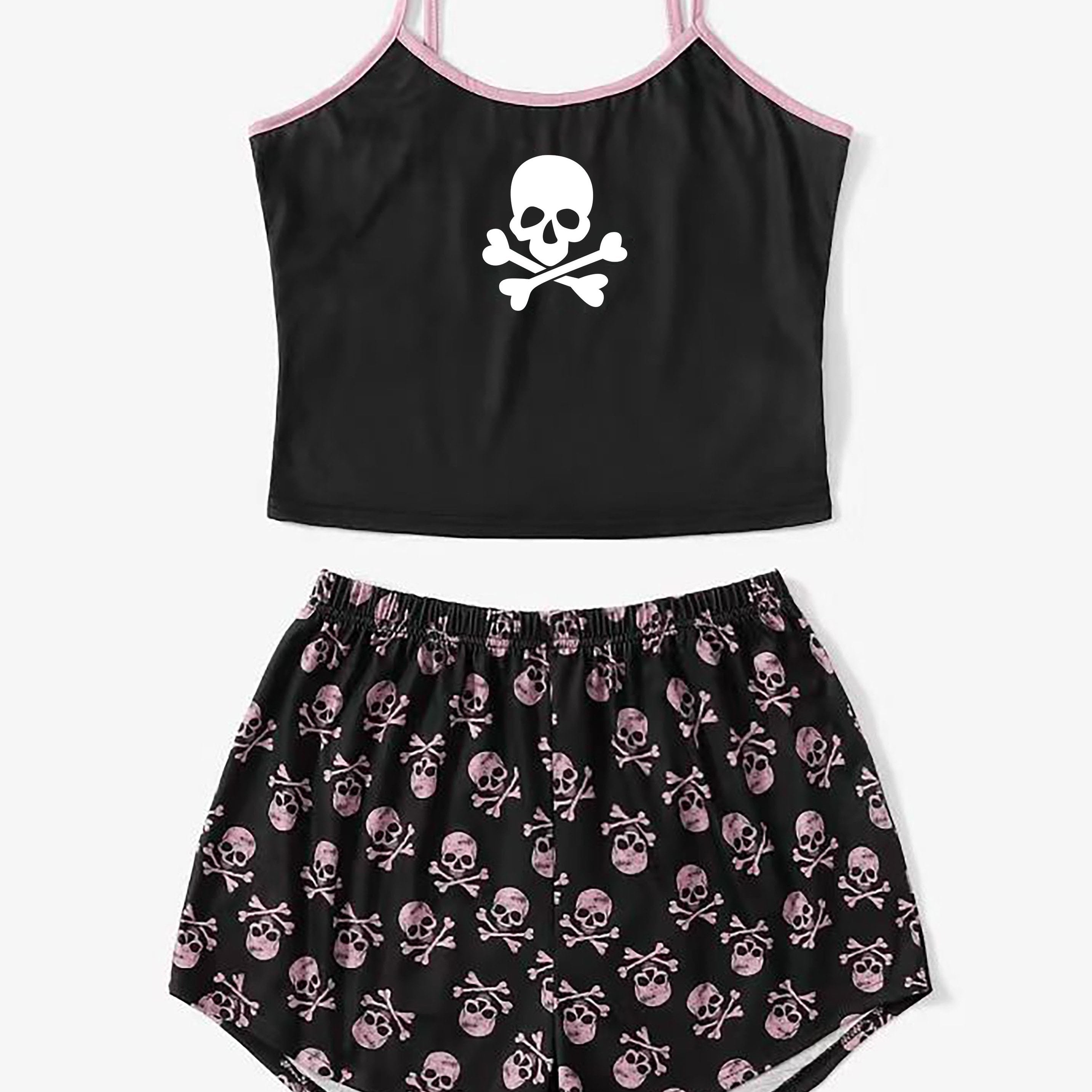 Skull Print Pajama Set Cami Top & Shorts Sleepwear Loungewear