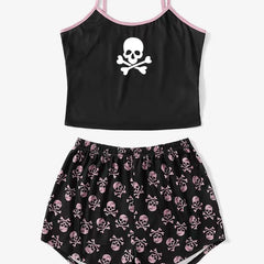 Skull Print Pajama Set Cami Top & Shorts Sleepwear Loungewear