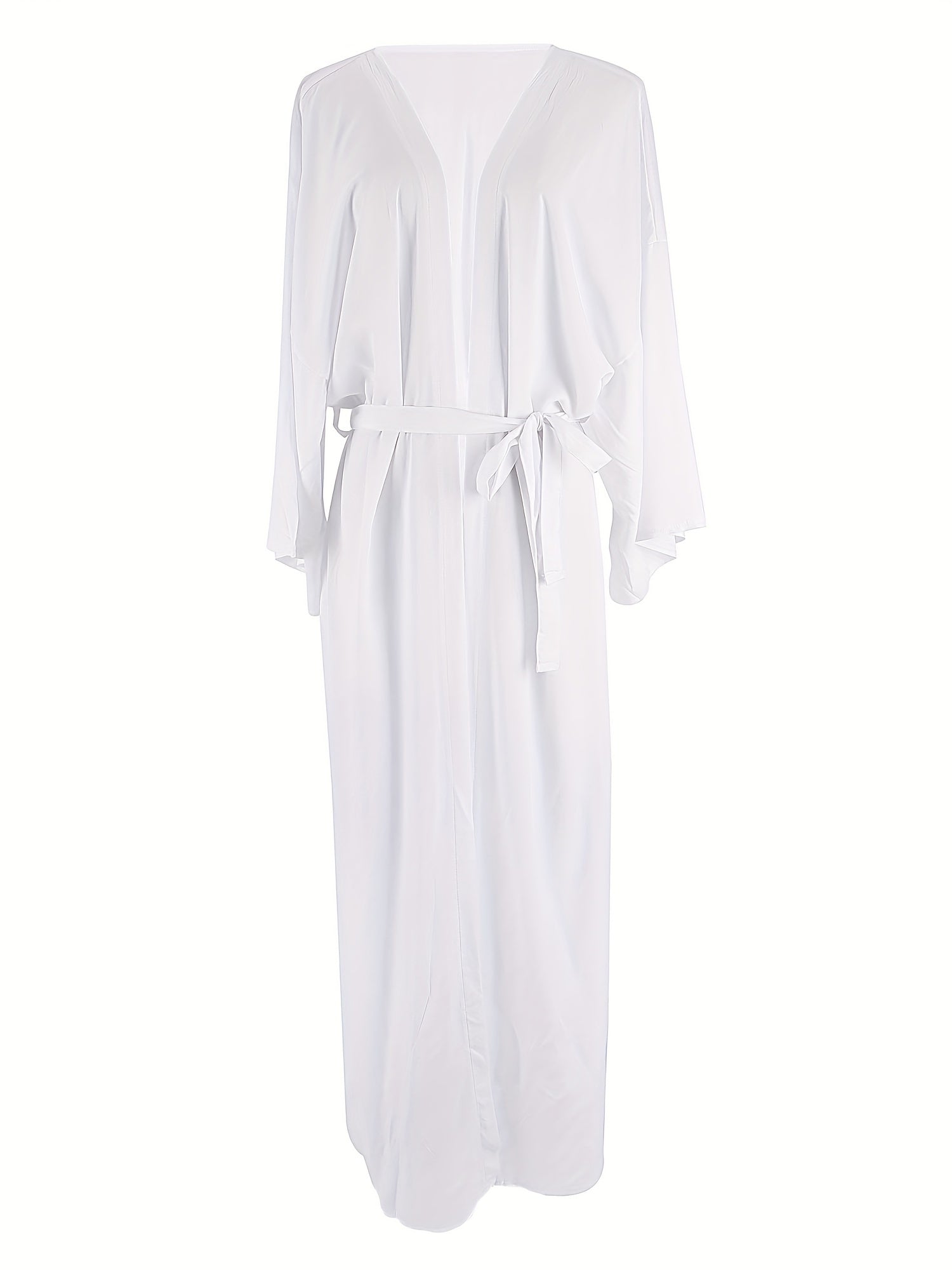 Solid Long Sleeve Open Front Long Cardigan With Belt