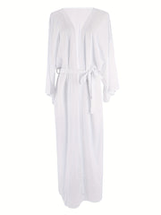 Solid Long Sleeve Open Front Long Cardigan With Belt