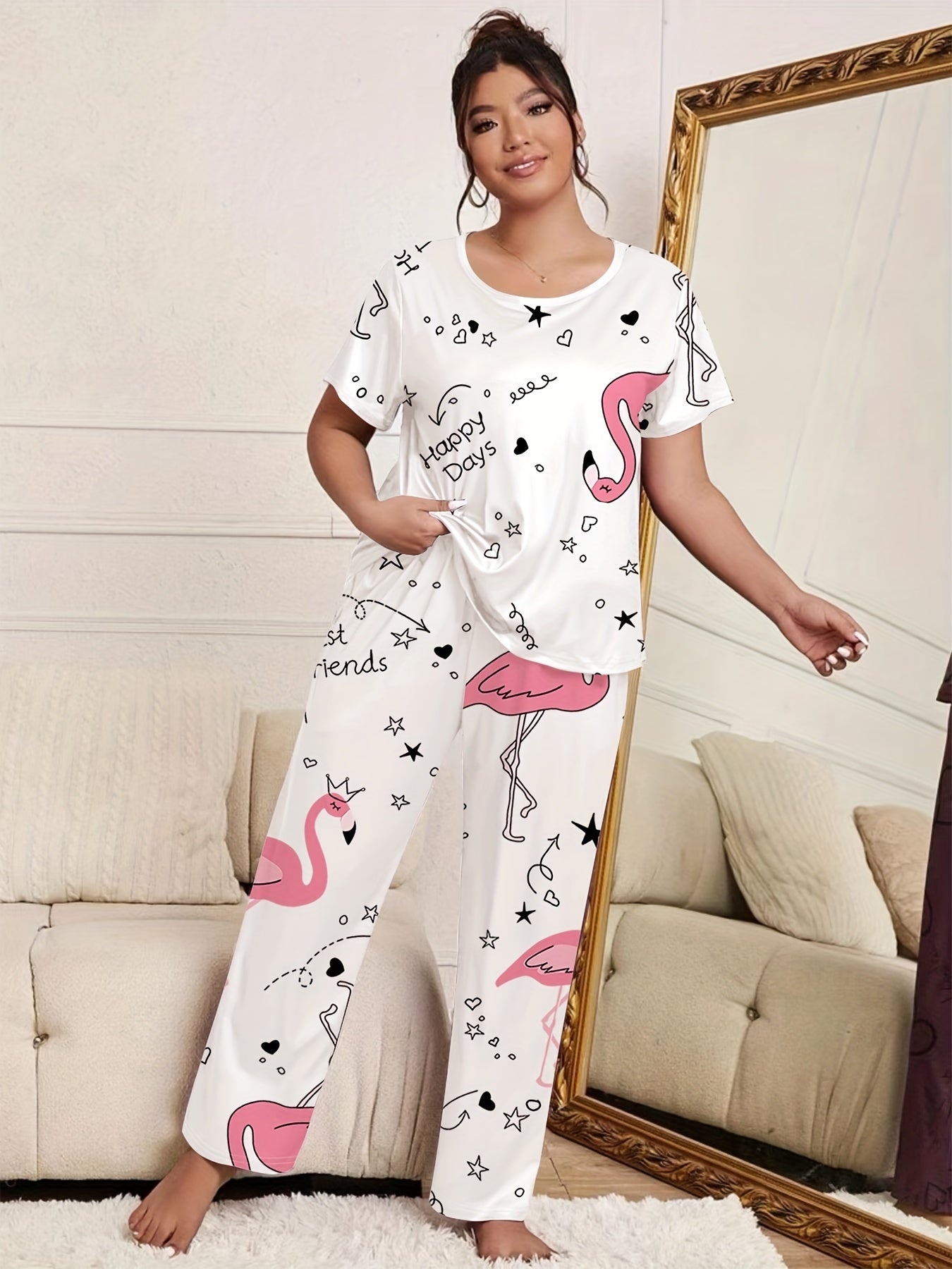 Flamingo & Heart Print Cami Top & Pants Lounge Set