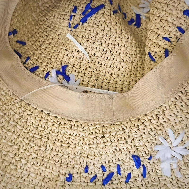 Flower Embroidery Straw Bucket Hat Boho Crochet Solid Basin Hat