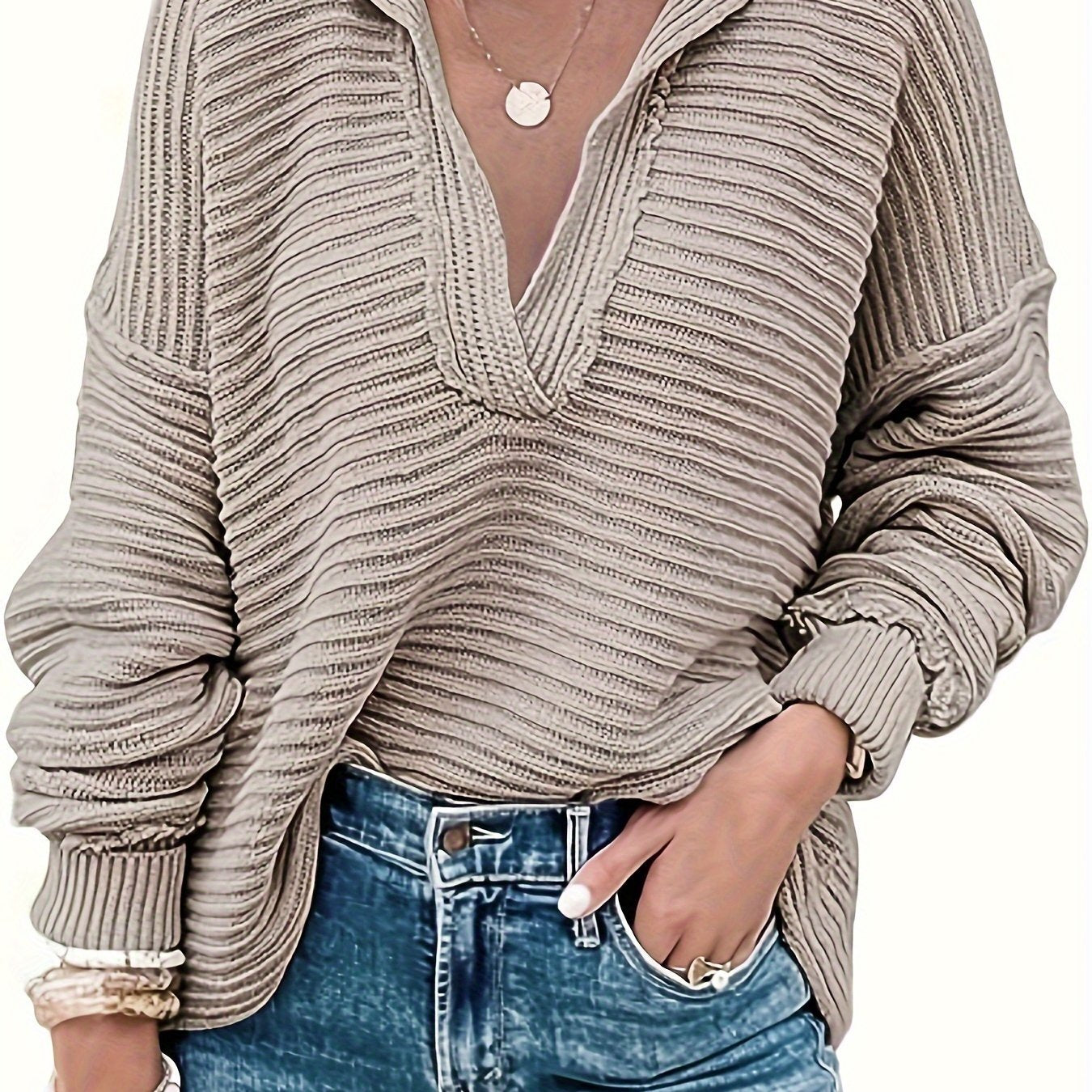 Casual Sweater Women's Solid Ribbed Collar