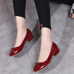 Women's Bowknot Mid Heel Wedding Shoes Soft sole Round Toe PU Leather