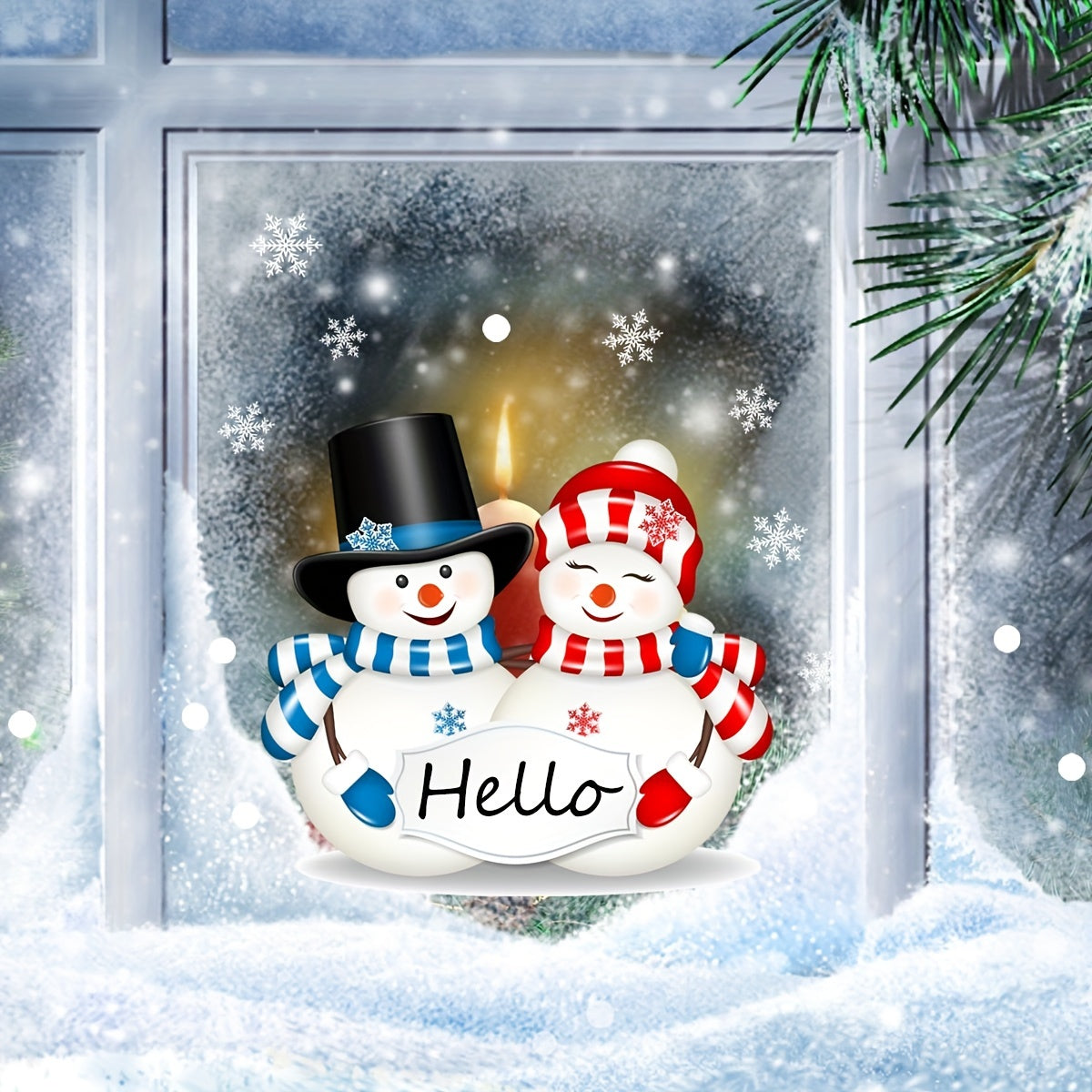 Christmas Two Snowmen Hello Wall Stickers Double Sided Visual Glass Stickers