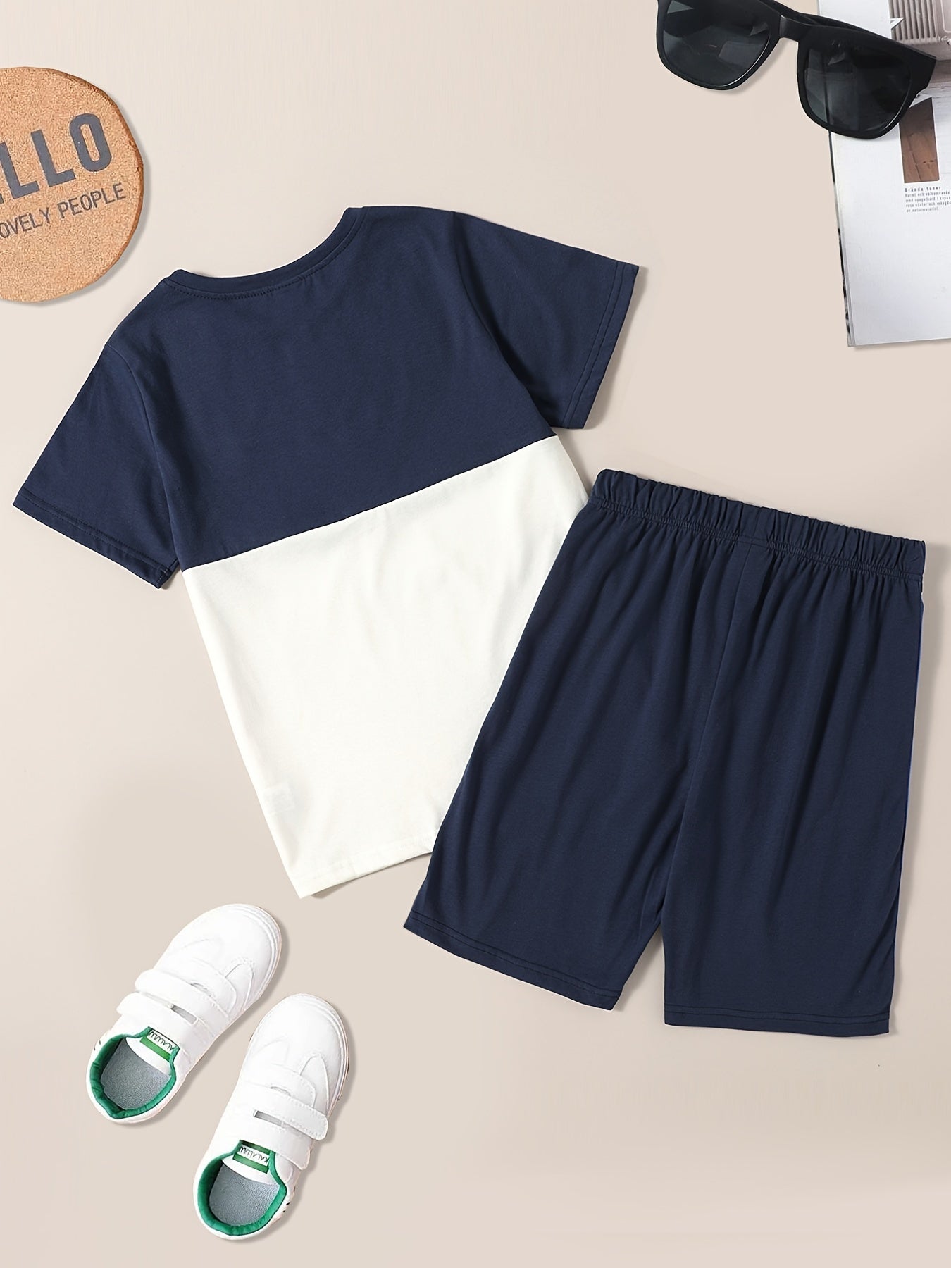 Boys Letter Block Outfit Shorts & T shirt Short Sleeves Crew Neck Casual Summer