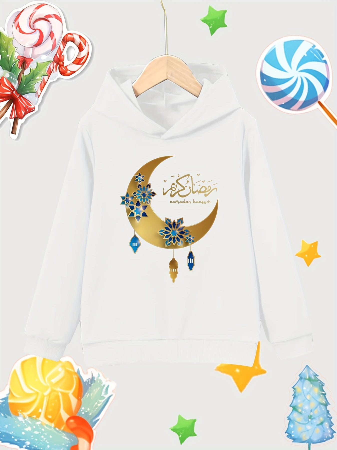 Moon Print Girls Cotton Hooded Sweatshirt for Autumn Winter