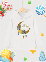 Moon Print Girls Cotton Hooded Sweatshirt for Autumn Winter