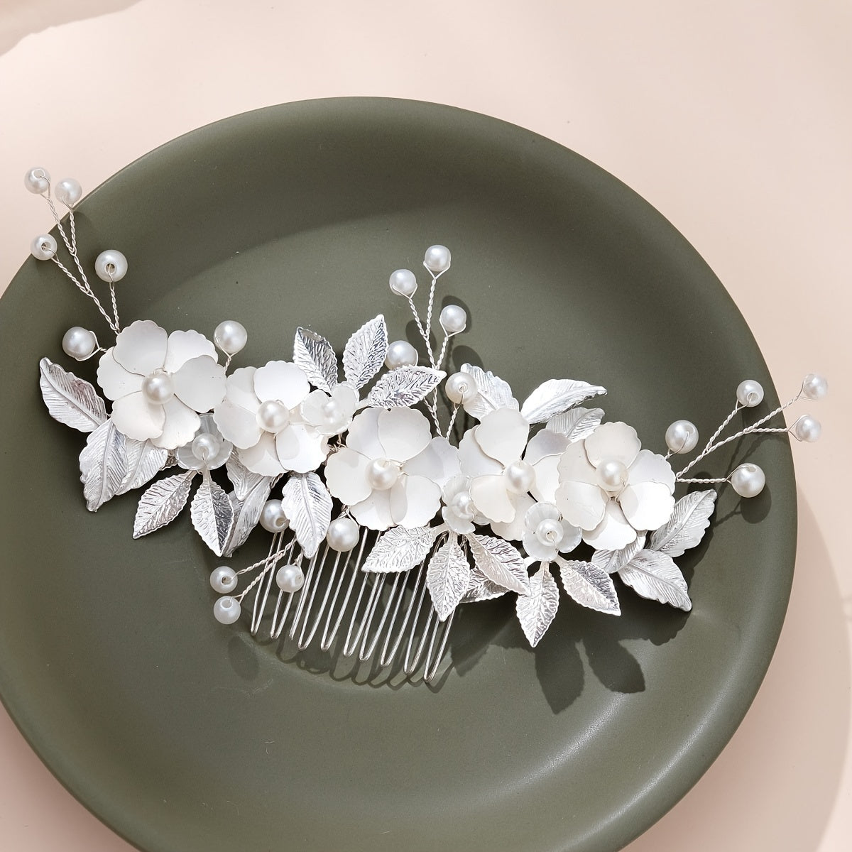 Pearl Flower Hair Comb Golden Leaf Headpiece