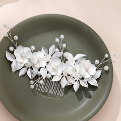 Pearl Flower Hair Comb Golden Leaf Headpiece