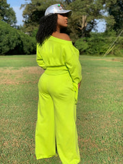 Slanted Shoulder Long Sleeve Tops & Drawstring Pants Set