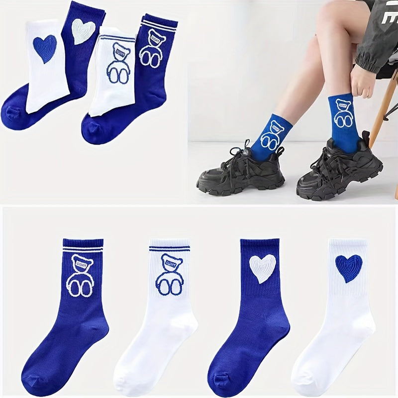 Men's Cartoon Love Heart Bear Crew Socks Breathable Comfy Casual Unisex Socks