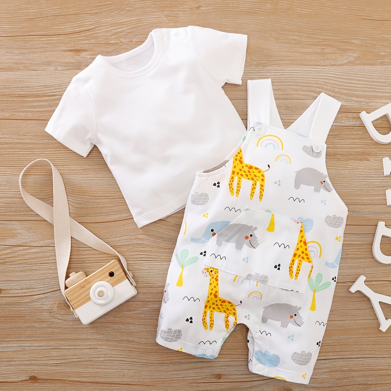 2pcs Baby Boys Cotton T-shirt & Animal Pattern Overalls Set