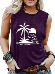 Landscape Print Crew Neck Tank Top for Summer